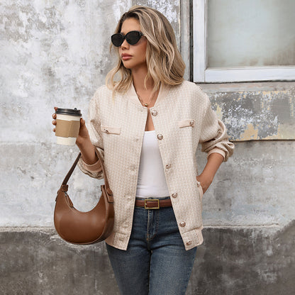 Plaid Tweed Button Front Bomber Jacket