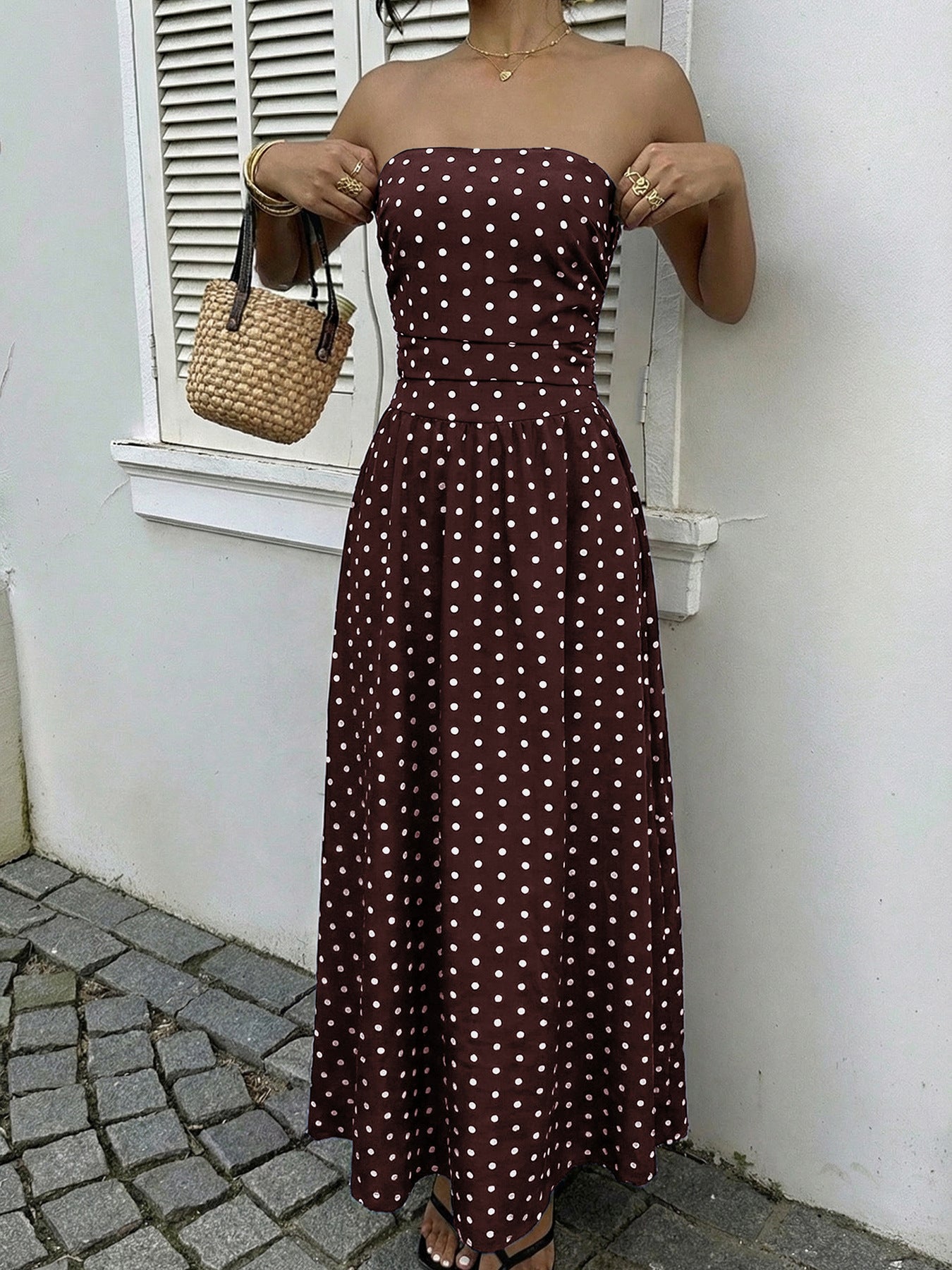 Strapless Polka Dot Maxi Dress Elegant Summer Dress