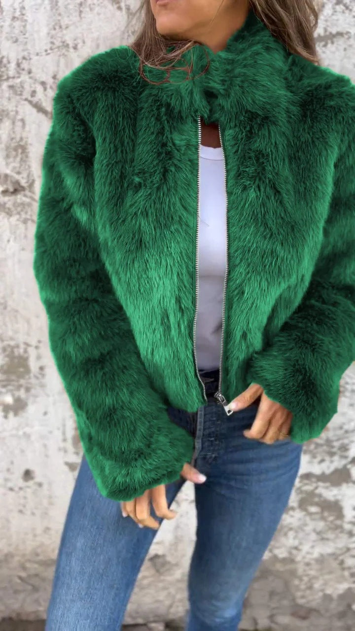 Women's Faux Fur Zip Up Jacket High Neck Streetwear