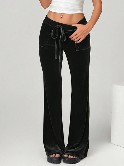 Velvet Drawstring Flare Pants with Pockets