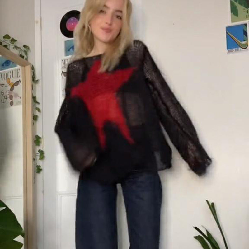 Y2K Mohair Star Sweater Oversized Fuzzy Crewneck Women