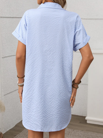 Striped Short Sleeve Shirt Dress Casual Summer Style