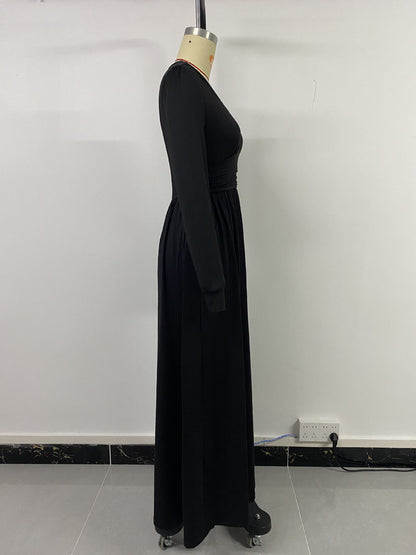 Lace V-Neck Long Sleeve Slit A-Line Maxi Dress