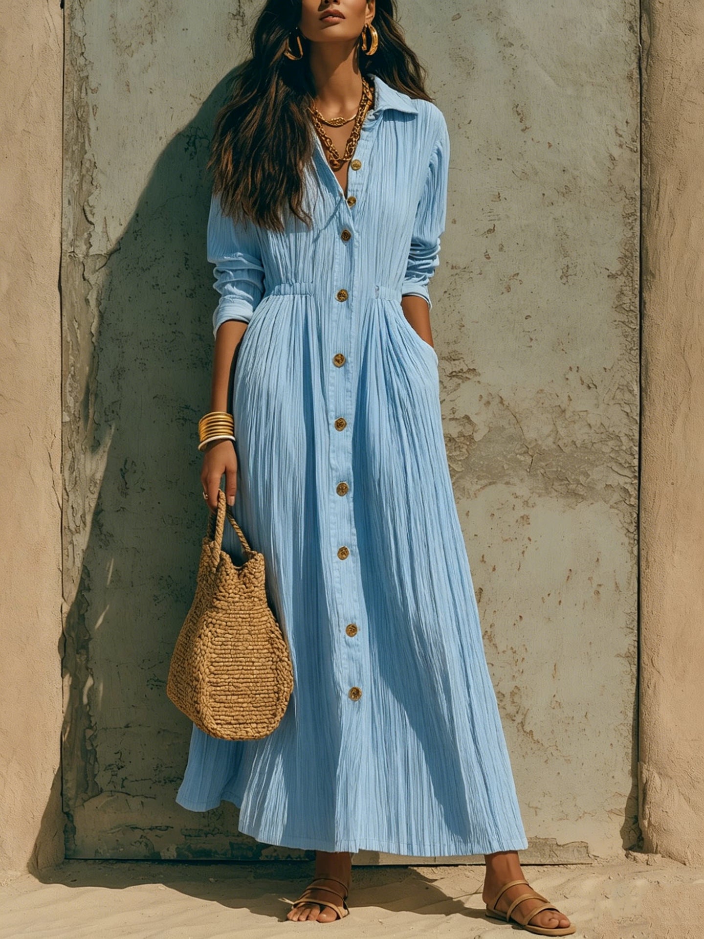 Women's Long Sleeve Maxi Shirt Dress Button Front Pockets