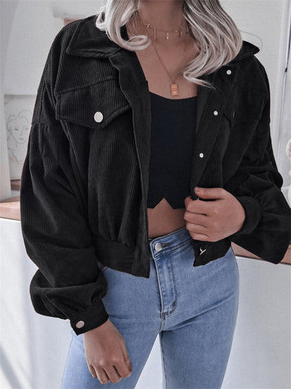 Womens Corduroy Cropped Jacket Balloon Sleeve Oversized