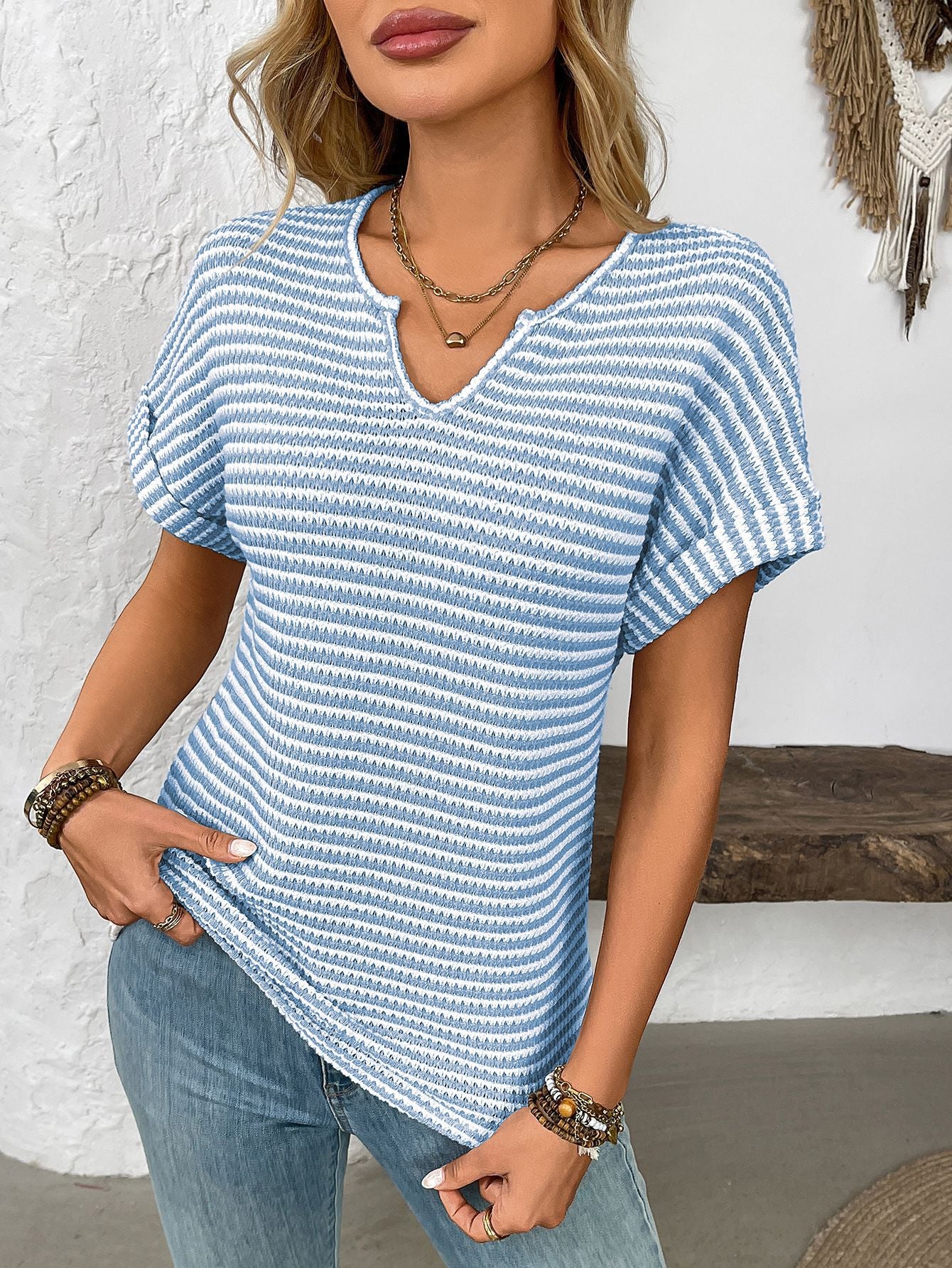 Women’s V-Neck Striped Loose Fit Short Sleeve Tee