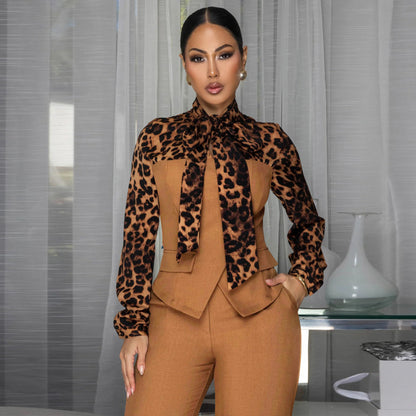 Leopard Print Tie Neck Blouse & Wide Leg Pants Set