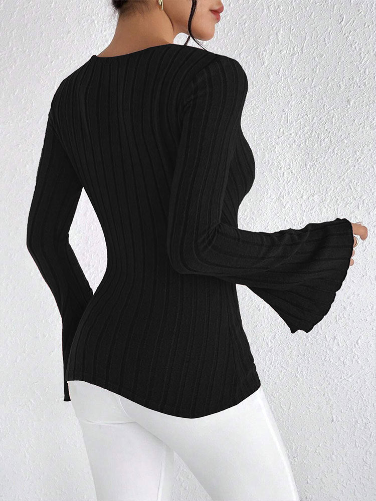Women's Ribbed V Neck Flare Sleeve Fitted Top