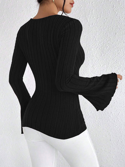 Women's Ribbed V Neck Flare Sleeve Fitted Top