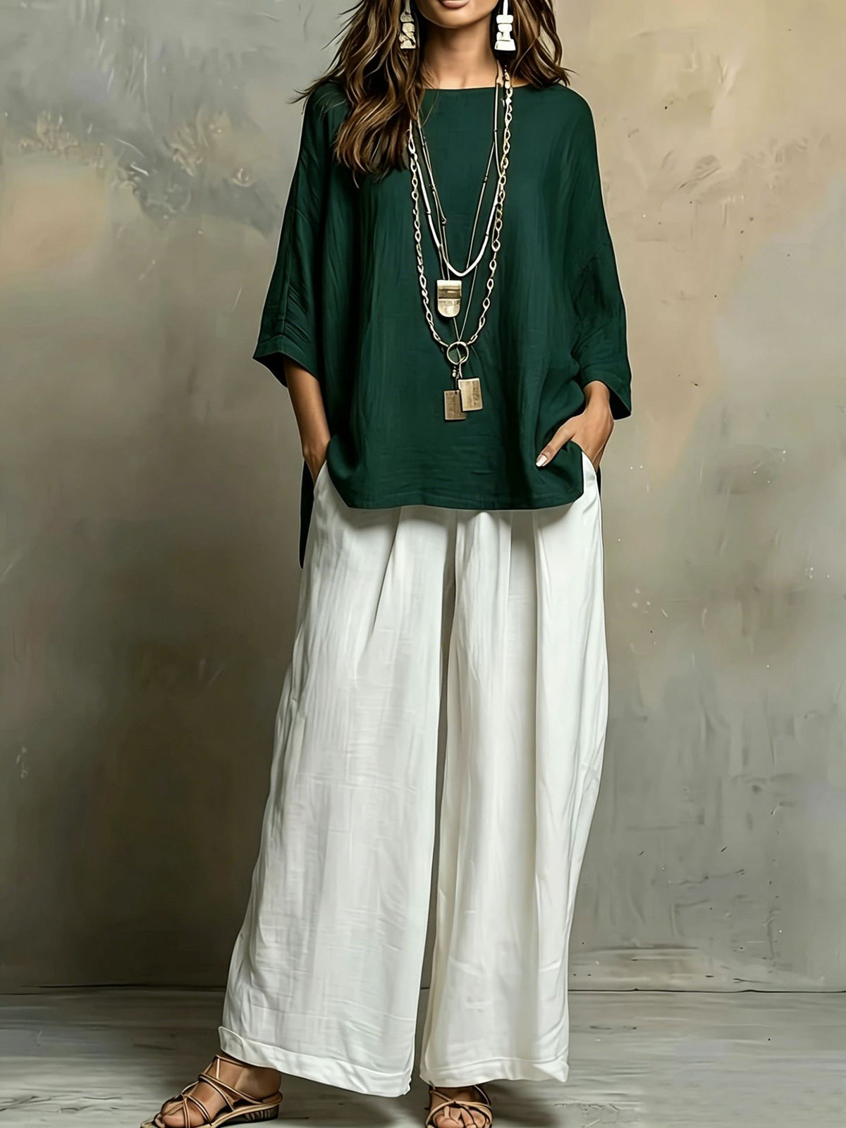 Women's Boho Color Block Two Piece Set Wide Leg Pants