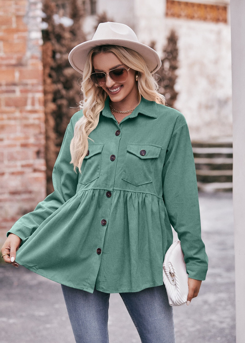 Casual Corduroy Babydoll Shirt Vintage-Inspired Top