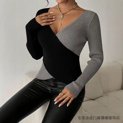 Women's Colorblock V-Neck Ribbed Slim Fit Sweater