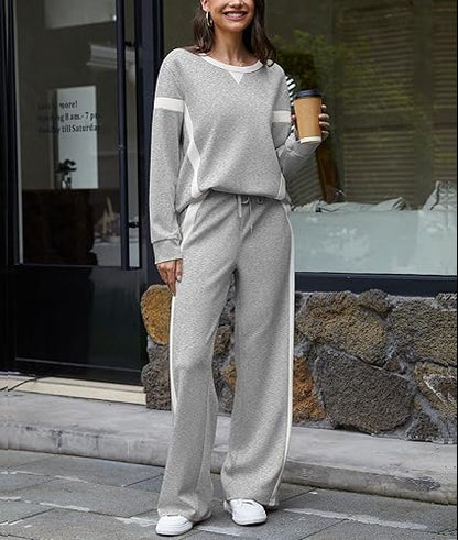 Color Block Sweatshirt Wide Leg Pants Two Piece Set