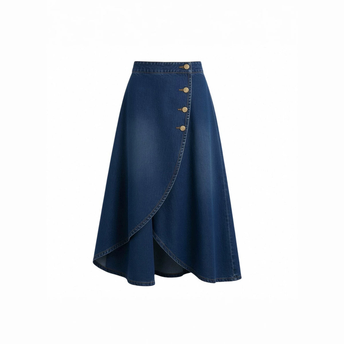 High Waist Button Front Asymmetric Denim Maxi Skirt