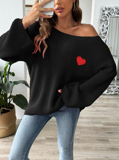 Women's loose one-word collar off-the-shoulder horn sleeve love embroidered sweater