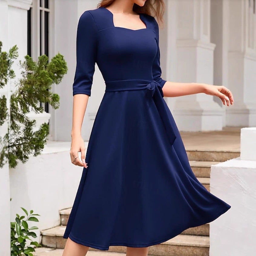 Square Neck Tie Waist A-Line Midi Dress 3/4 Sleeve Elegant