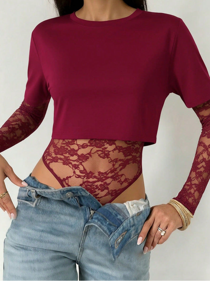 Lace Patchwork Bodysuit Top Women Sexy Crop Tee Shirt