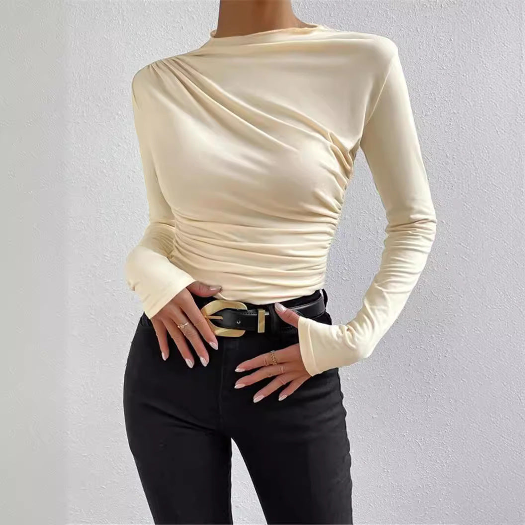 Ruched Mock Neck Fitted Long Sleeve Layering Top