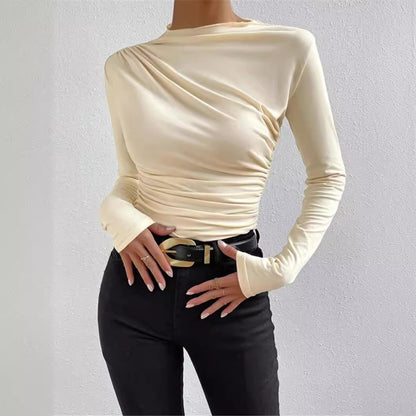Ruched Mock Neck Fitted Long Sleeve Layering Top