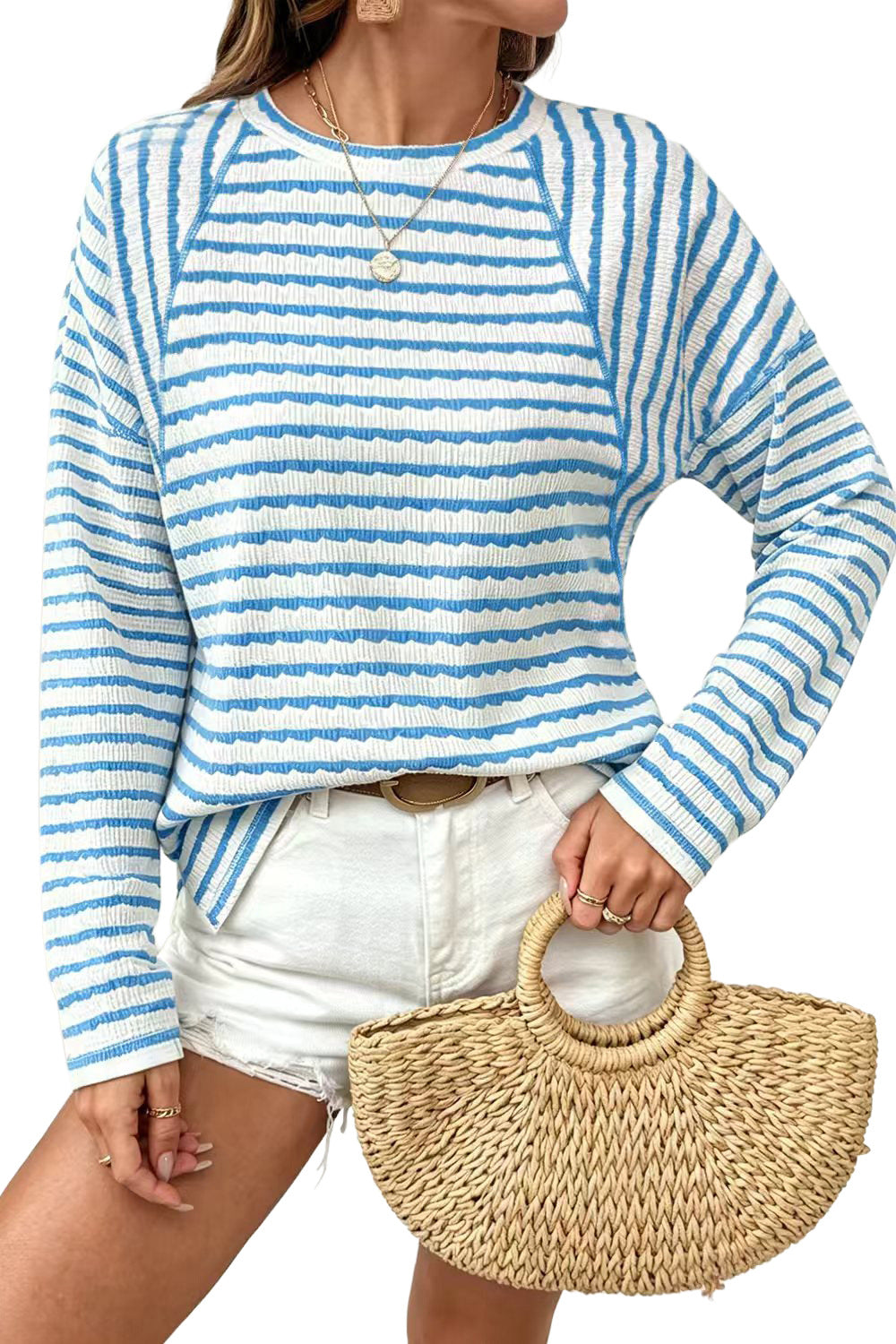 Textured Striped Long Sleeve Pullover Casual Knit Top