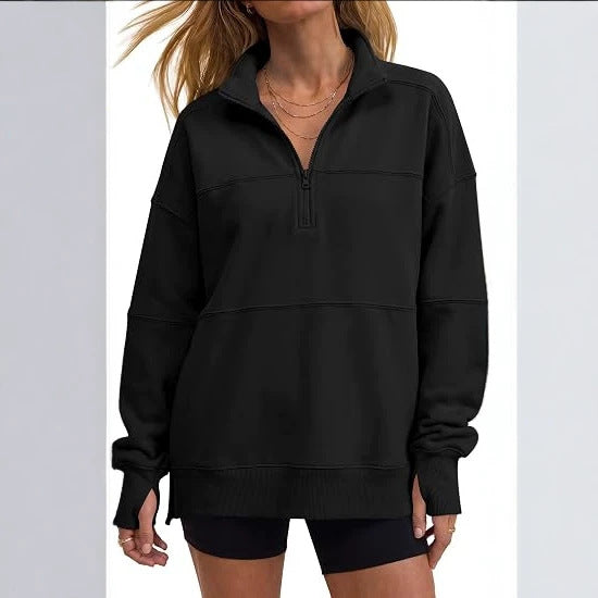 Oversized Half Zip Fleece Sweatshirt Side Slit