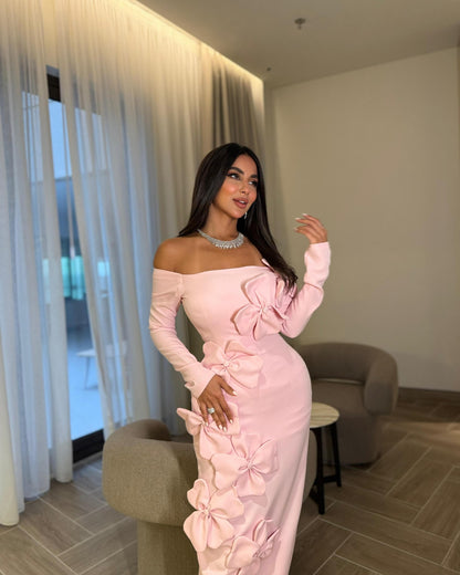 Pink Off Shoulder Long Sleeve Floral Bodycon Maxi Dress