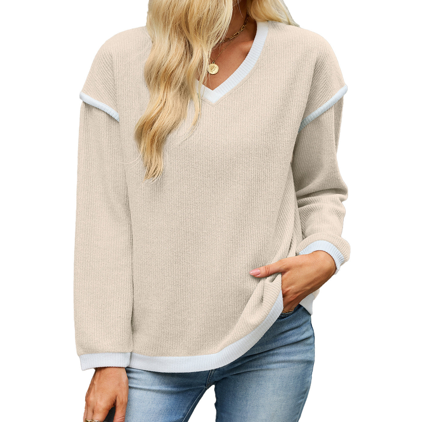 Women's Color Block V Neck Long Sleeve Knit Tunic Top