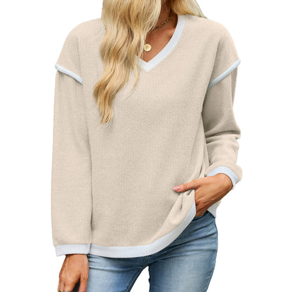 Women's Color Block V Neck Long Sleeve Knit Tunic Top
