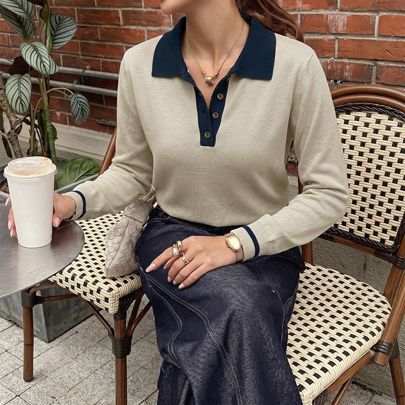 Contrast Collar Knit Sweater Long Sleeve Polo Pullover