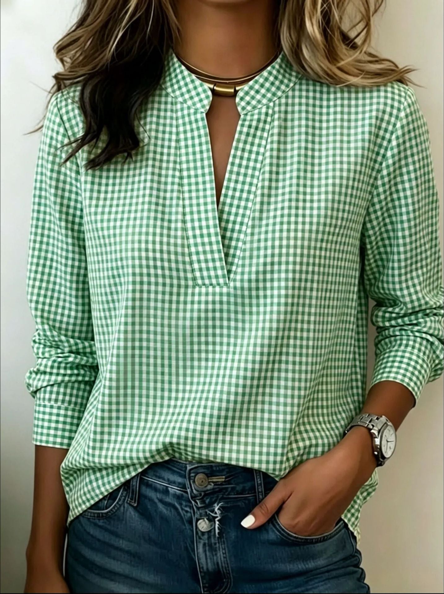 Women's Gingham Long Sleeve Pullover Blouse