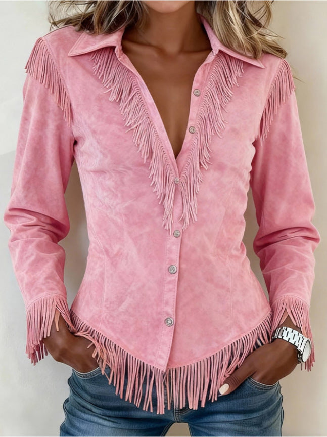 Women's Western Fringe Suede Button Down Shirt