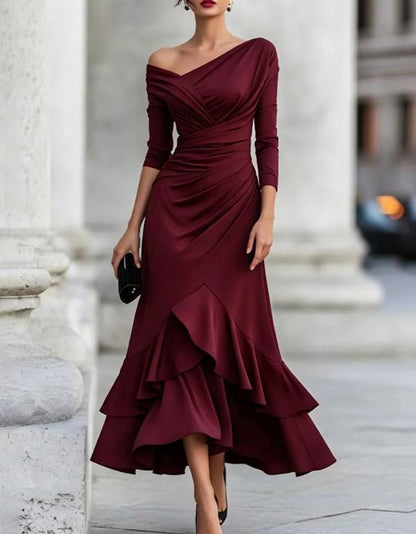 Off Shoulder V Neck Ruched Ruffle Midi Dress Long Sleeve