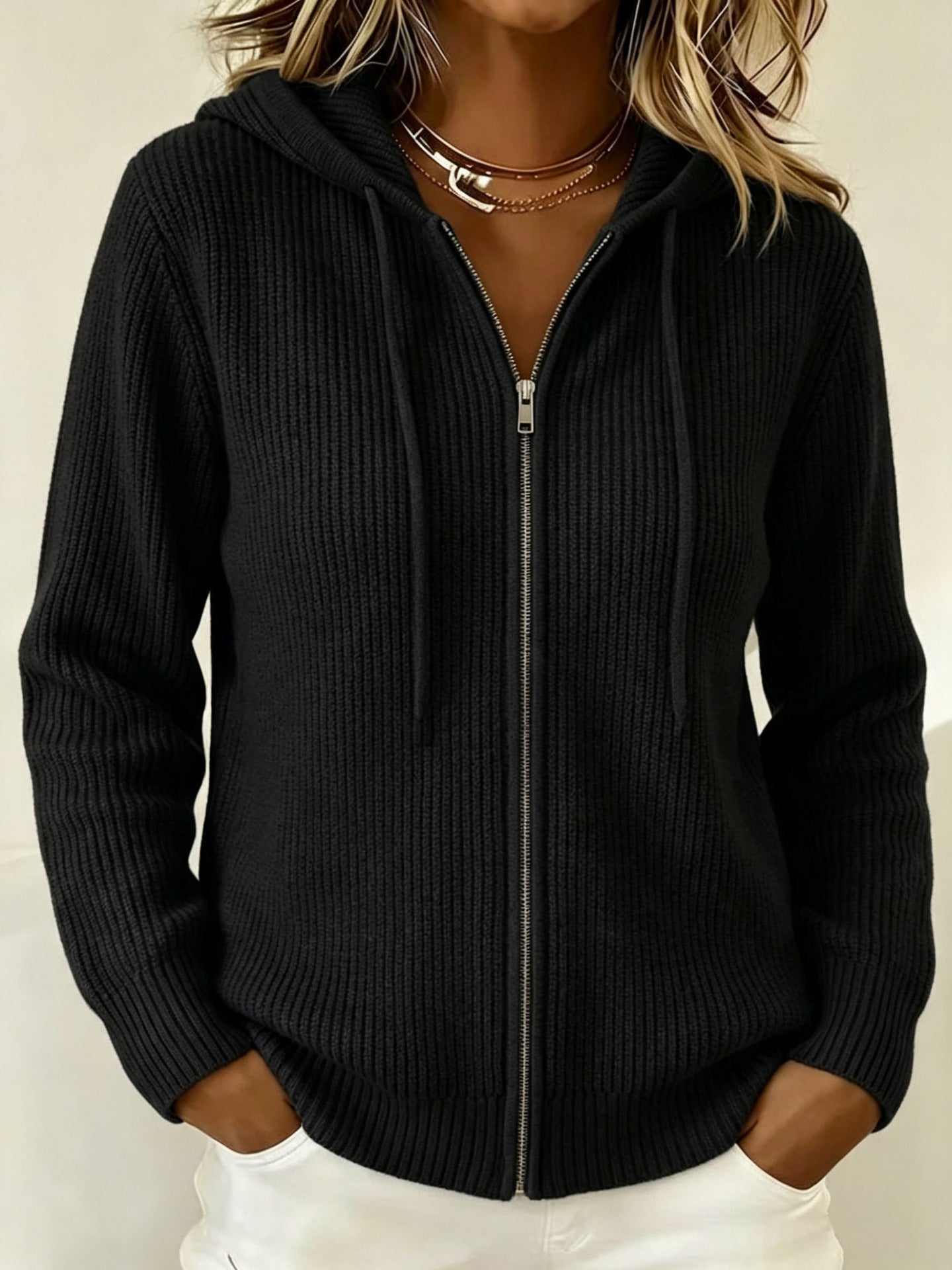 Oversized Hooded Zip-Up Ribbed Knit Cardigan