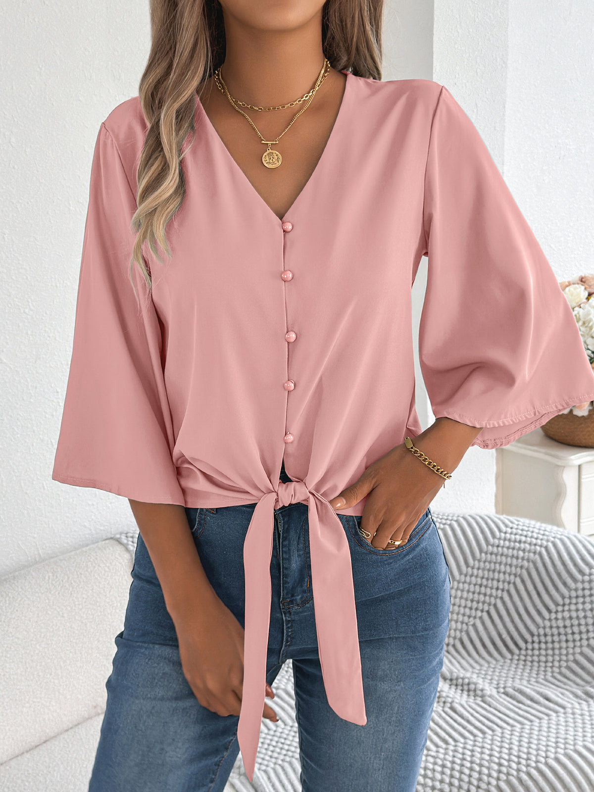 Women's V Neck Button Down Tie Front 3/4 Sleeve Blouse