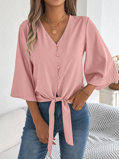 Women's V Neck Button Down Tie Front 3/4 Sleeve Blouse