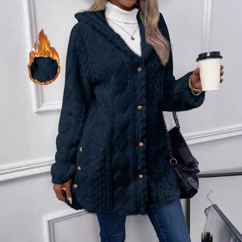 Women's Fuzzy Hooded Button Cardigan Winter Warm Coat
