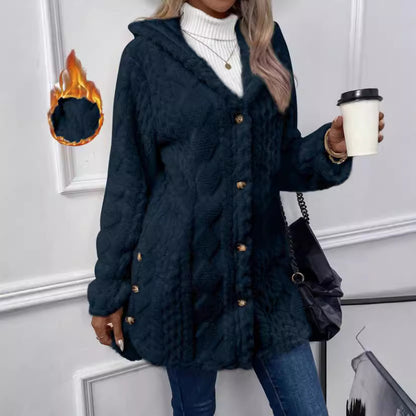 Women's Fuzzy Hooded Button Cardigan Winter Warm Coat