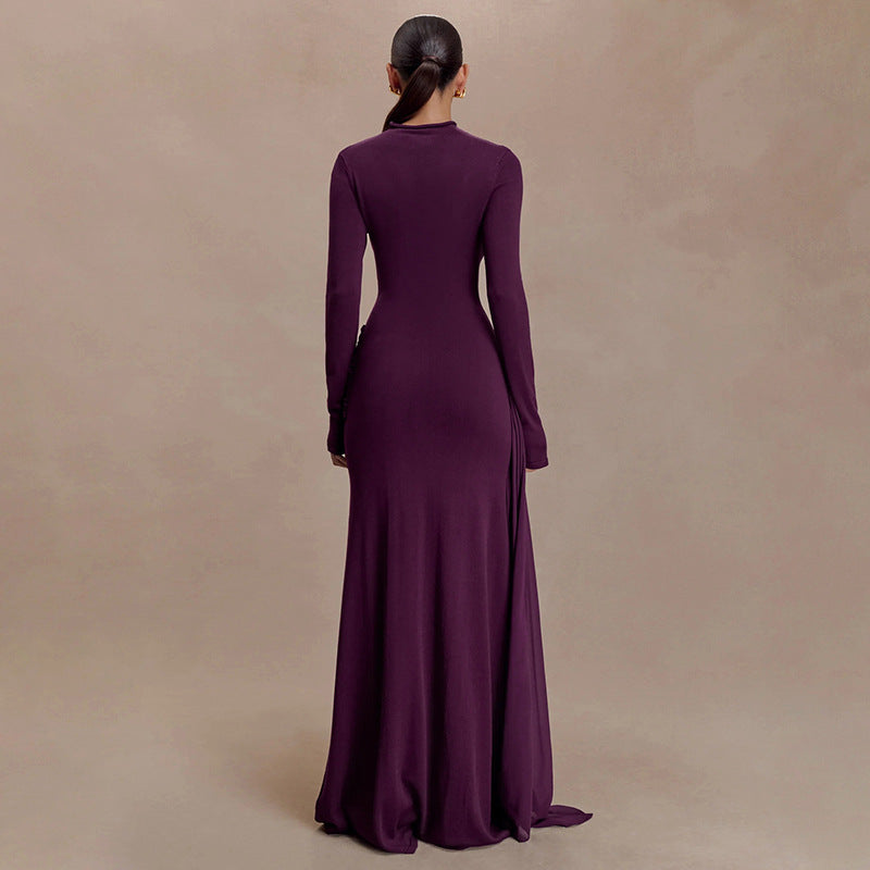 Elegant Mock Neck Long Sleeve Ruched Sash Maxi Dress