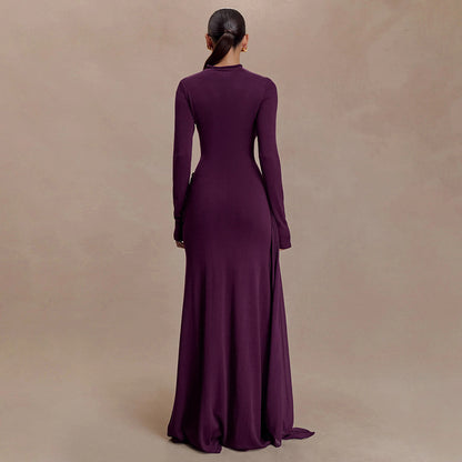 Elegant Mock Neck Long Sleeve Ruched Sash Maxi Dress