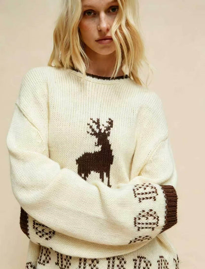 Women's Oversized Reindeer Christmas Crewneck Sweater