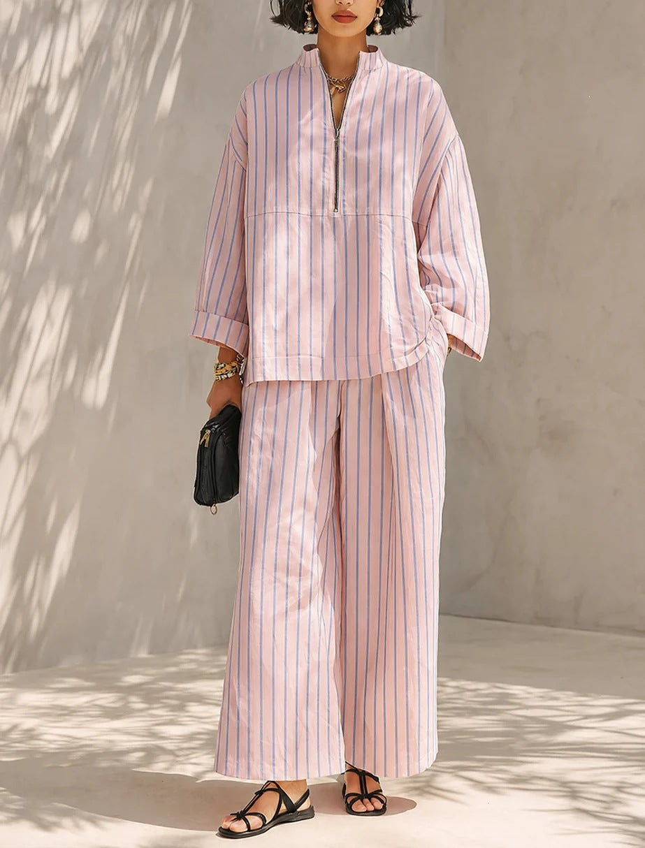 Women's Striped Half Zip Top Wide Leg Pants Set