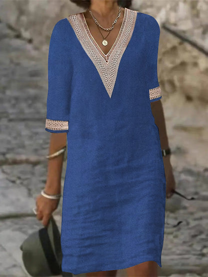 Women's Cotton Linen V-Neck Lace Trim Casual Midi Dress
