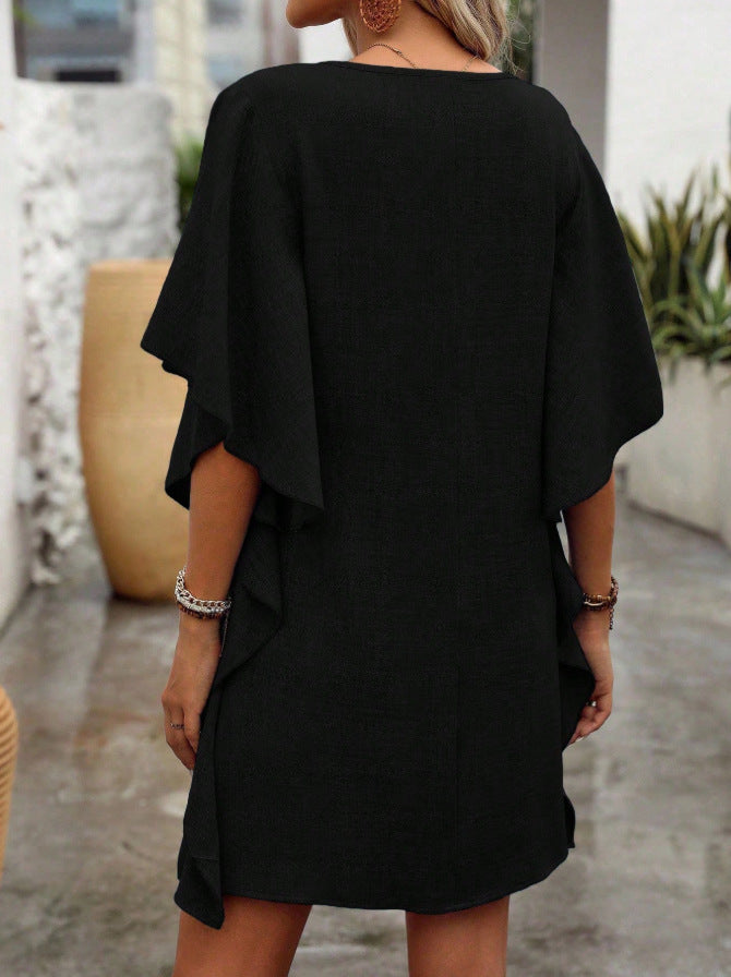 Flowy V-Neck Ruffle Sleeve Summer Dress Loose Fit