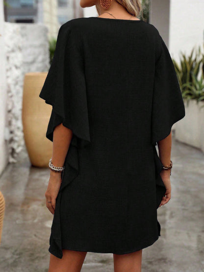 Flowy V-Neck Ruffle Sleeve Summer Dress Loose Fit