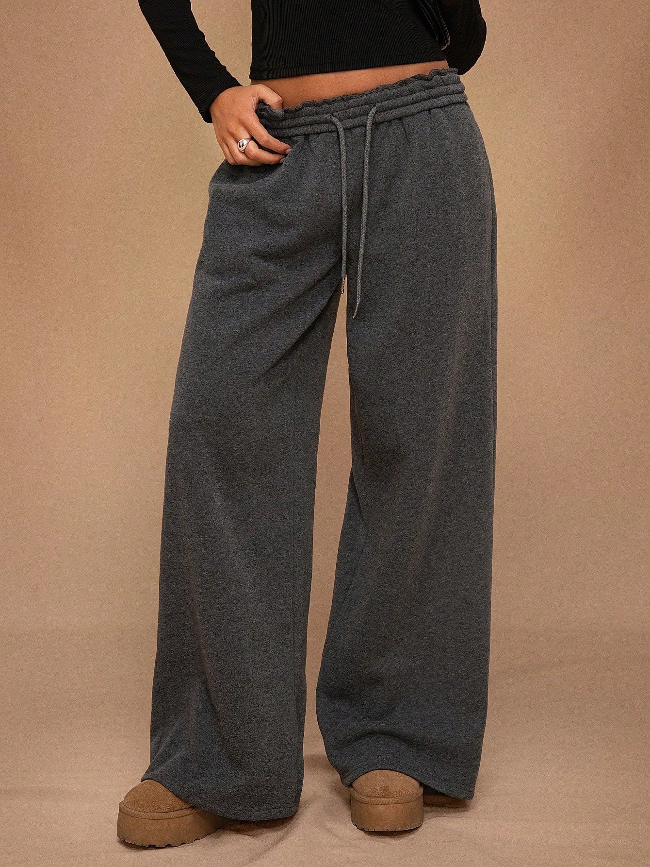Women Fleece Wide Leg Sweatpants Drawstring Lounge Pants
