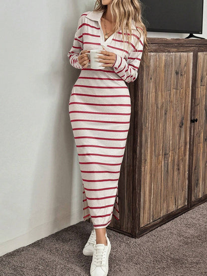 Women Striped Polo Collar Long Sleeve Maxi Dress Side Slit