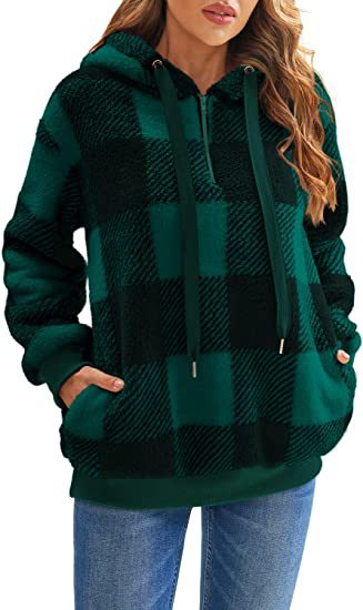 Women's Plaid Sherpa Hoodie Oversized Fleece Pullover