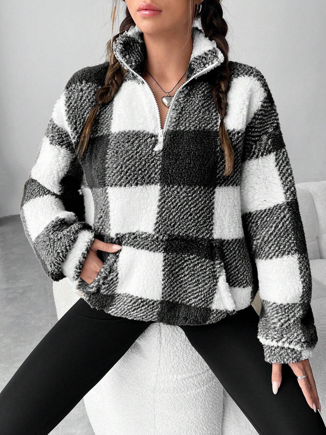 Womens Checkered Sherpa Quarter Zip Fleece Pullover
