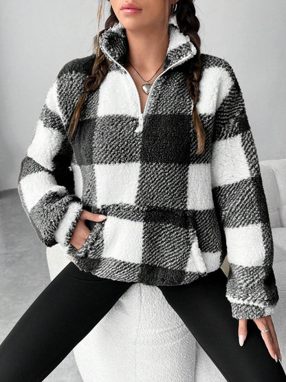 Womens Checkered Sherpa Quarter Zip Fleece Pullover
