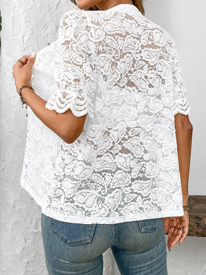 Women's Floral Lace Short Sleeve Button Up Blouse